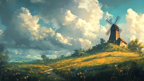 Sunlit country windmill watches over a golden flower meadow