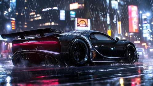 Black hypercar cuts through neon city rain at night