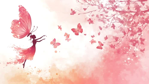 Butterfly-winged fairy glides through soft pink blossoms.