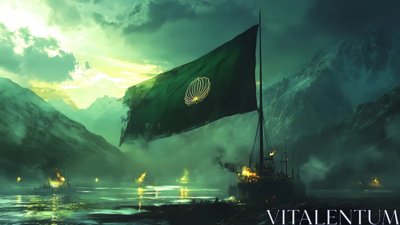 Emerald war banner over burning ironclad in polar fjord.