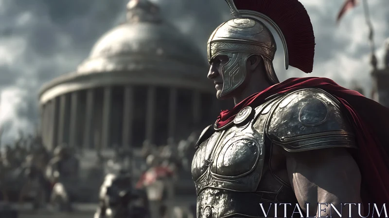 Bronze-clad Roman centurion before monumental rotunda.