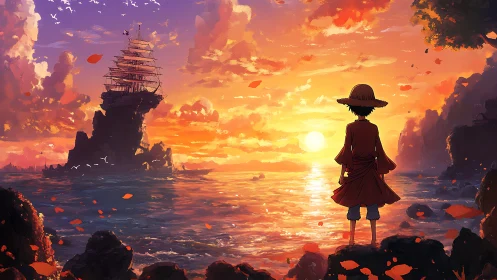 Straw-hatted figure observing sailing ship at sunset seascape.