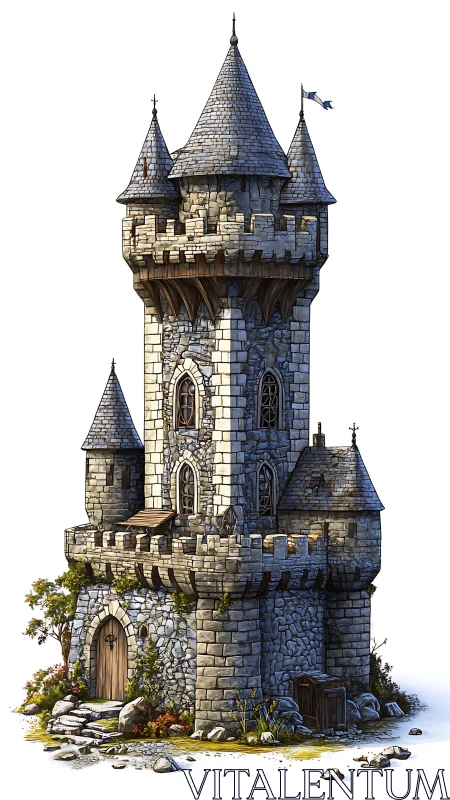Stone tower fortress is depicted with multiple conical roofs