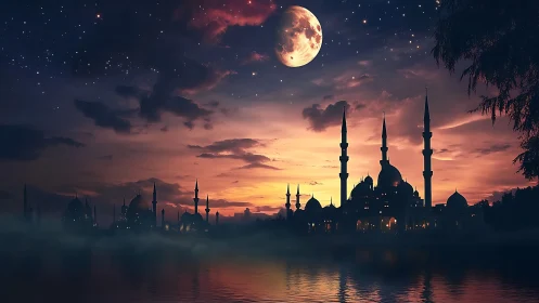 Moonlit mosque skyline over misty water at dusk.