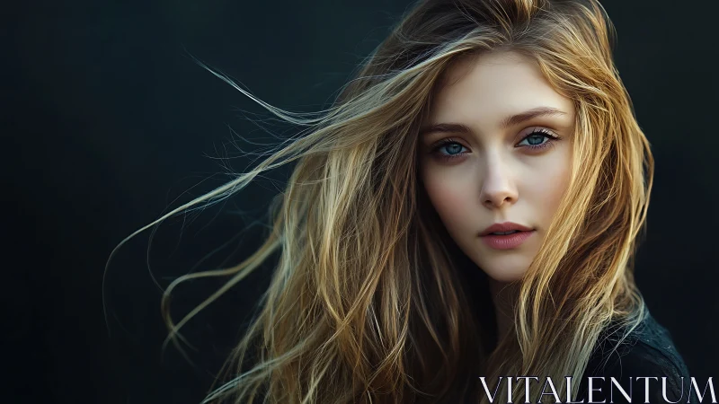 Portrait of young woman with windblown hair against dark field.