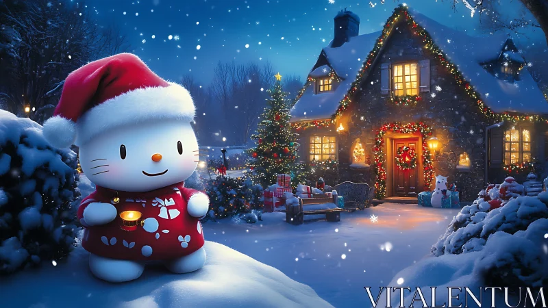 Cozy holiday cottage with cute snow friend in lantern glow.