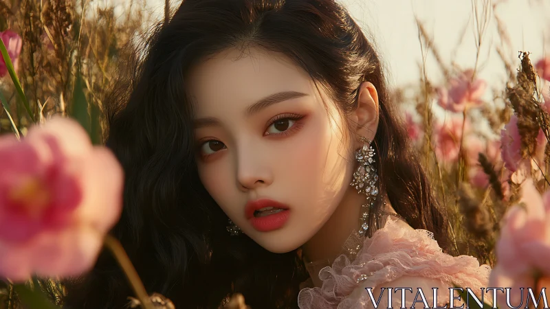 Softly glowing portrait in a dreamy flower field at sunset.