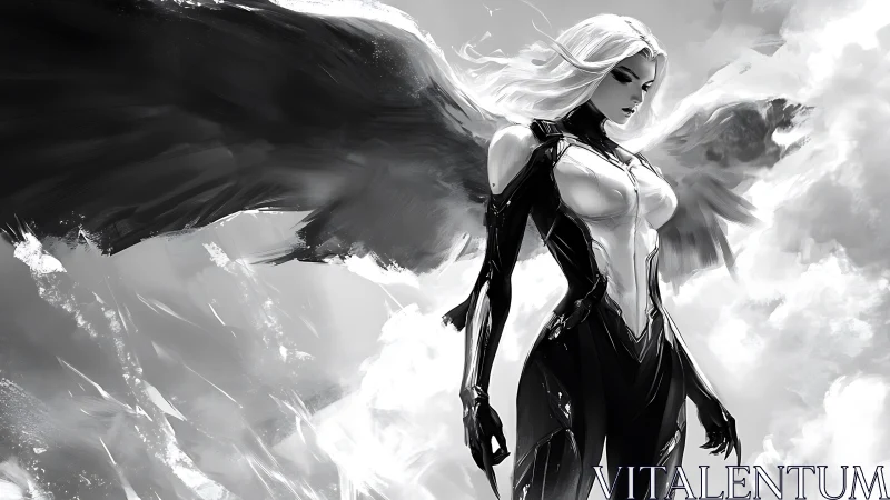 Winged cyber angel in monochrome storm sky poised.