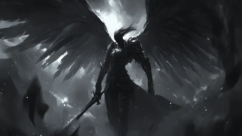 Midnight war angel rises with storm-born obsidian wings.