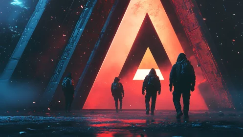 Triangular portal entrance emits saturated red backlight on explorers