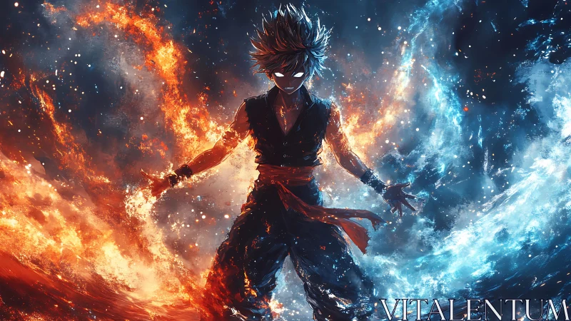 Fiery blue energy character stands centered between elements