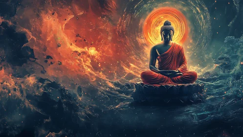 Digital painting of meditative Buddha amid cosmic nebula field.