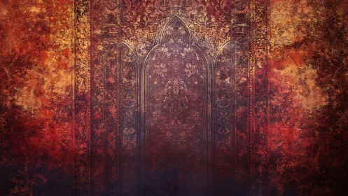 Warm vintage archway glowing in rich reds and golds.