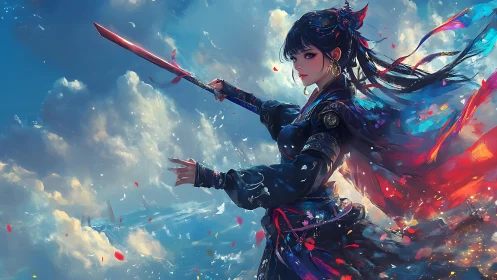 Sky dancer warrior holds a glowing blade in painted clouds