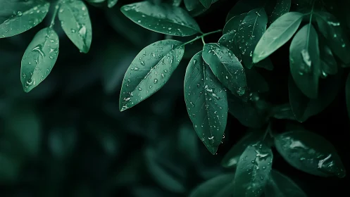 Macro botanical study of rain-dappled evergreen foliage.