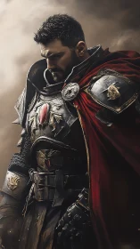 Armored warrior in ornate plate with red cloak.