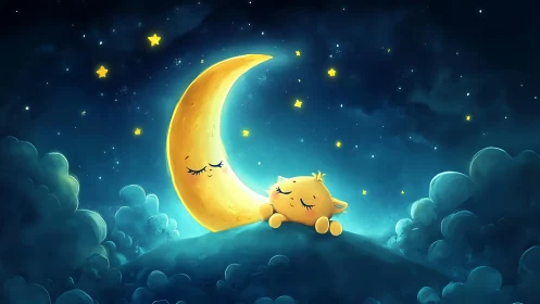 Moon and sleepy star share a peaceful bedtime glow tonight