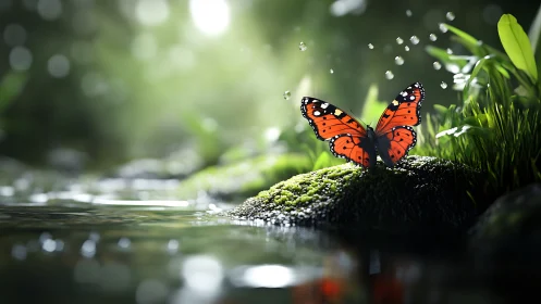 Forest dawn crowns an orange butterfly beside rippling water.