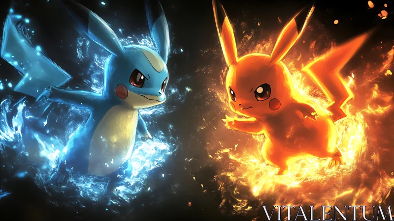 Elemental duel illustration with mirrored fiery and water forms.