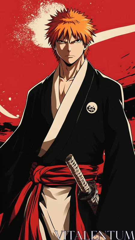 Orange haired swordsman in black robe on red abstract field.