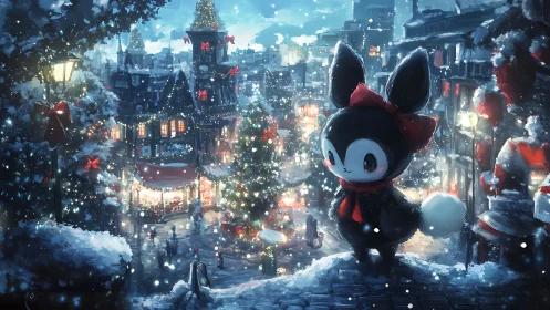 Snow-covered town square with large bow-wearing creature.