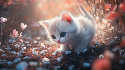White Kitten in Blooming Garden with Blue Eyes.