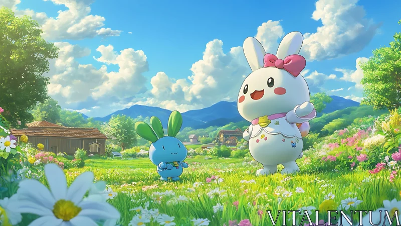 Cartoon rabbits stand in bright flower meadow near houses