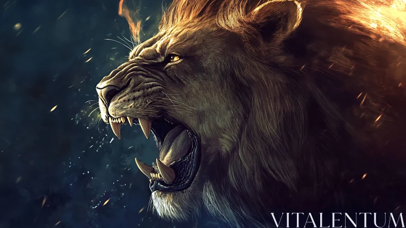 Roaring lion crowned in embers under dramatic side light.