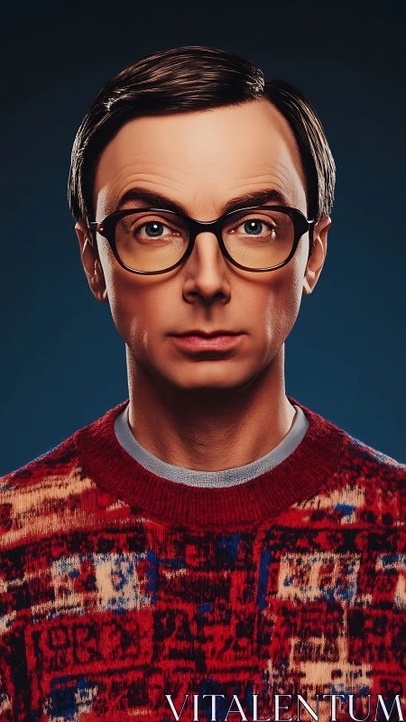 Analytical portrait of bespectacled nerd in patterned knitwear.