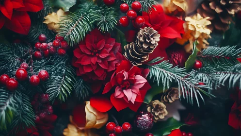 Christmas foliage arrangement with berries and pinecones.