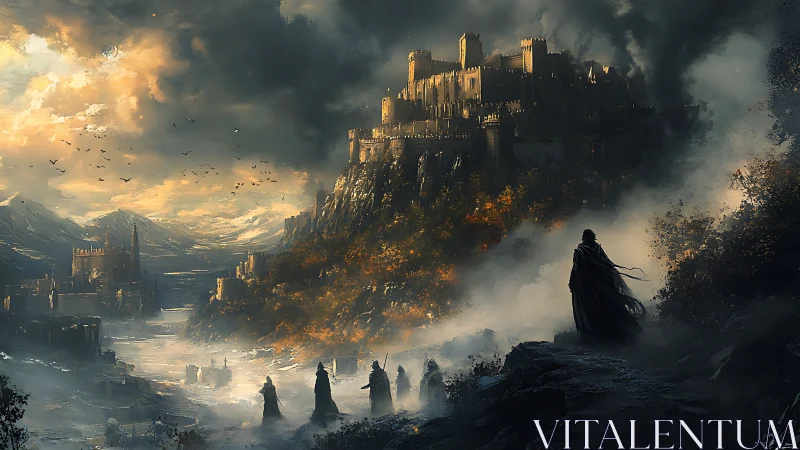 Dark cloaked figures approach fortress on misty mountain plateau.