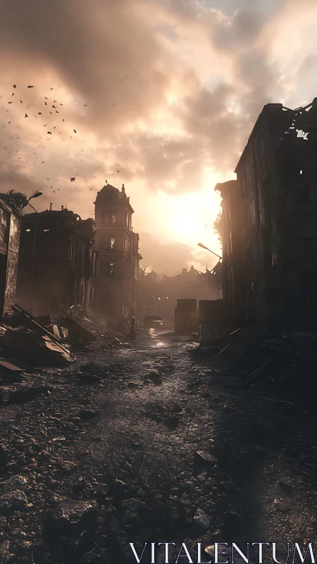 Ruined urban street corridor under low sun and dense clouds.