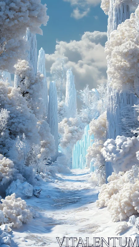 Frozen forest passage with ice cliffs and overcast sky.