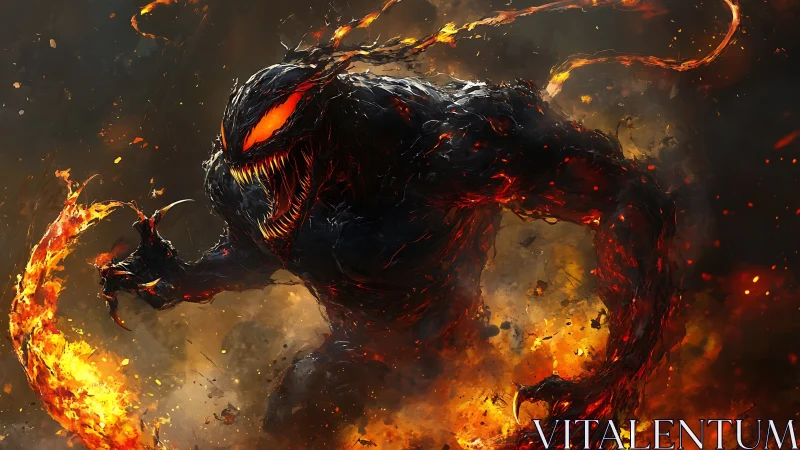 Fiery shadow beast rising from swirling molten chaos.