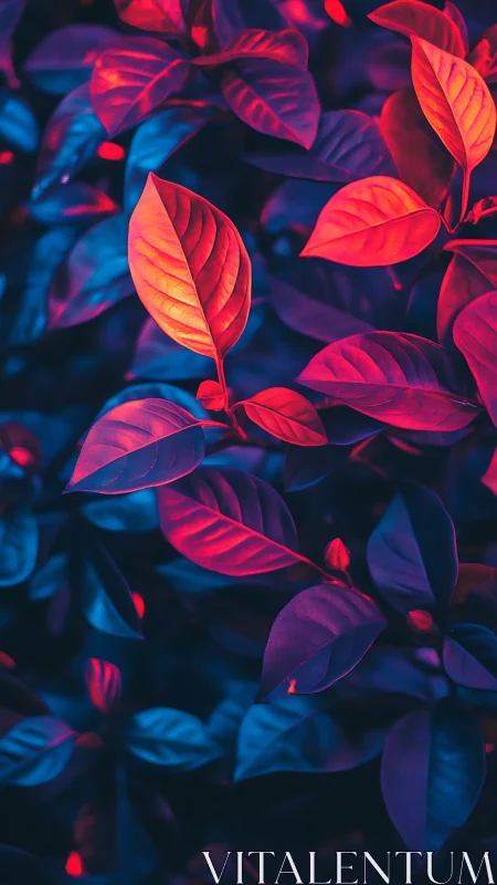 Neon-tinted foliage glows in deep magenta and cyan light.