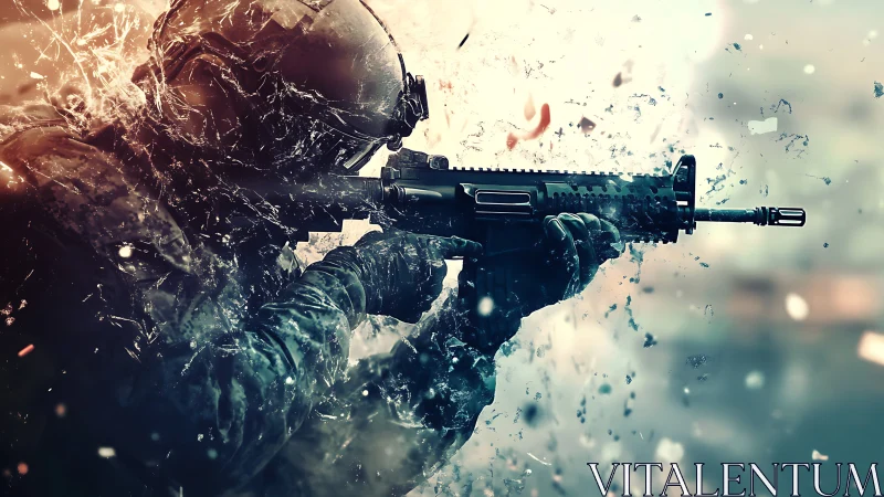 Armed tactical soldier in profile amid abstract fragments.