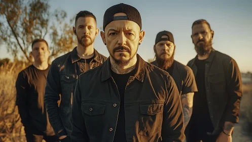Rock band stands in golden hour field under warm sunlight