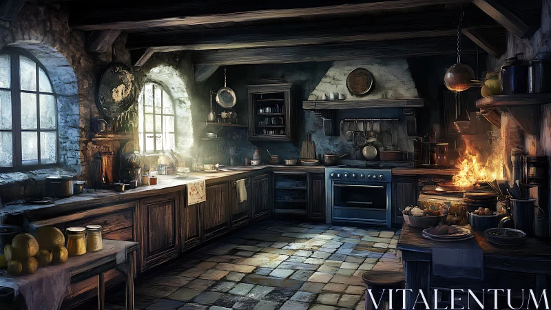 Sunlit rustic kitchen glowing with cozy hearth warmth.