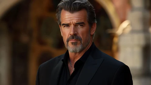 Mature bearded man in formal black suit, shallow depth portrait.