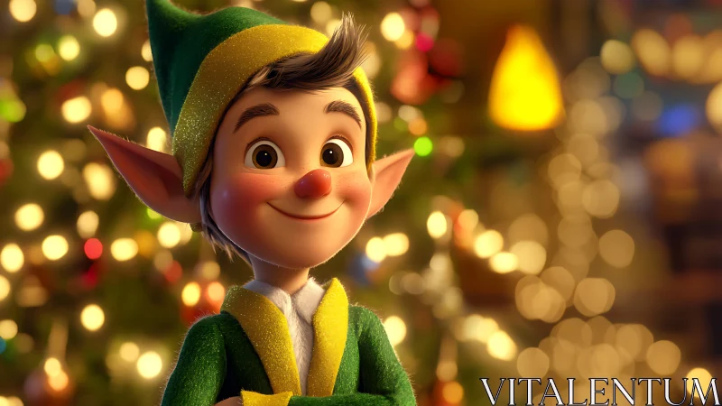 3D Christmas elf portrait with bokeh-lit festive background