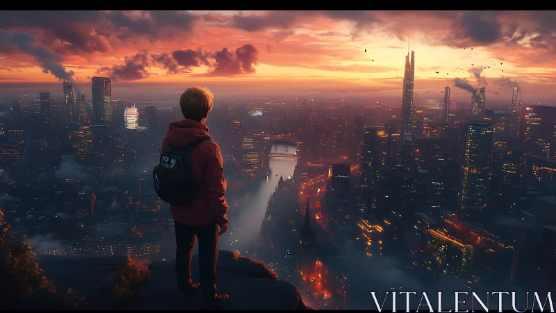 Solitary figure surveys neon-lit megacity at incendiary dusk