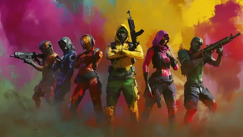 Colorful futuristic squad of armed soldiers in formation.