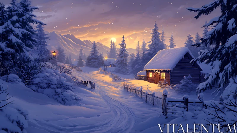 Snowy mountain cabin glows warmly under winter sunset sky