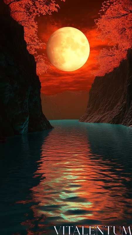 Large full moon above canyon river with red foliage sky.