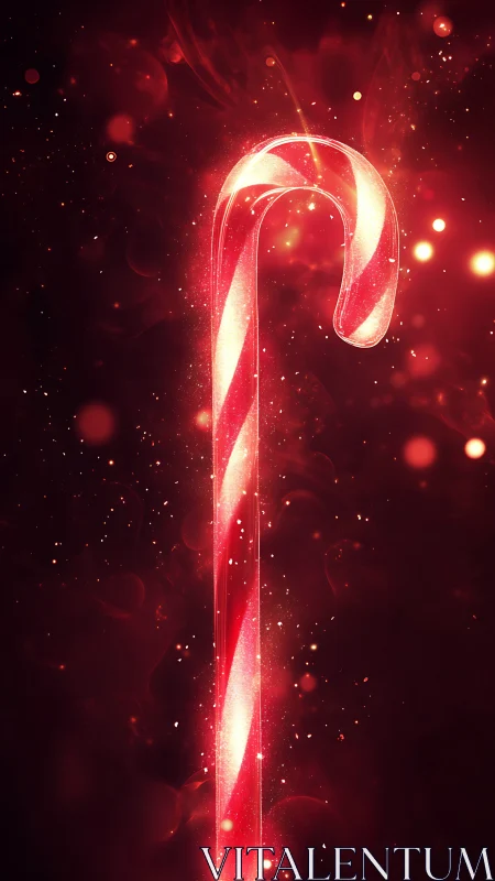 Glowing red candy cane rises through swirling festive sparks