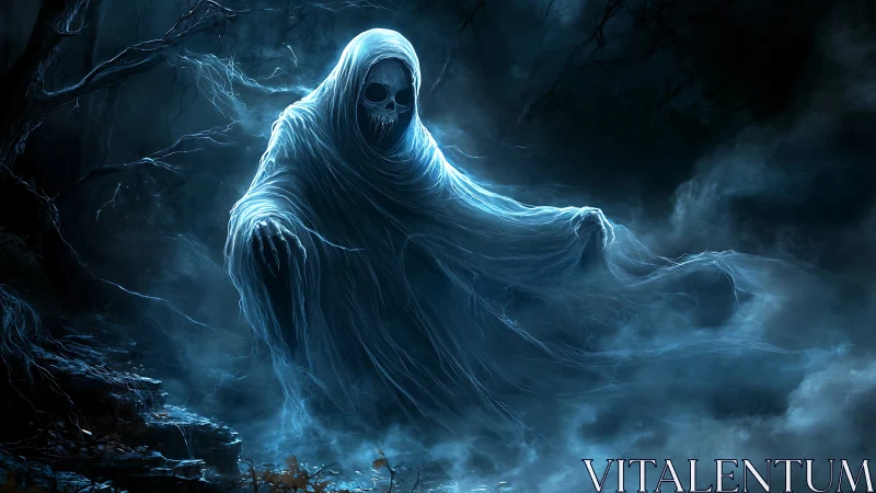 Spectral cloaked entity materializes in fog with luminous contouring