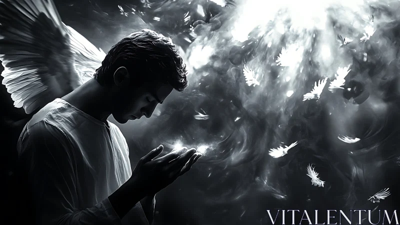 Gentle angel in soft light cradling falling feathers.