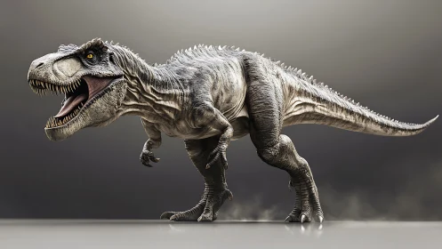 Hyperreal theropod predator rendered in dynamic lateral stride.