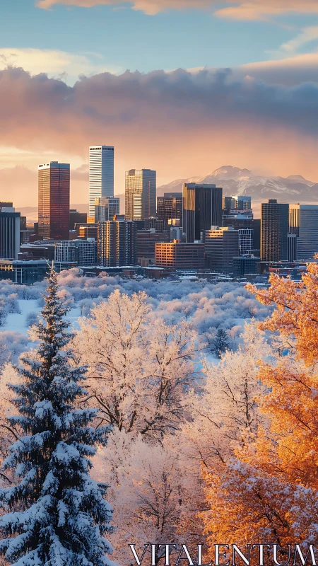 Photorealistic winter skyline with luminous frosted treeline.