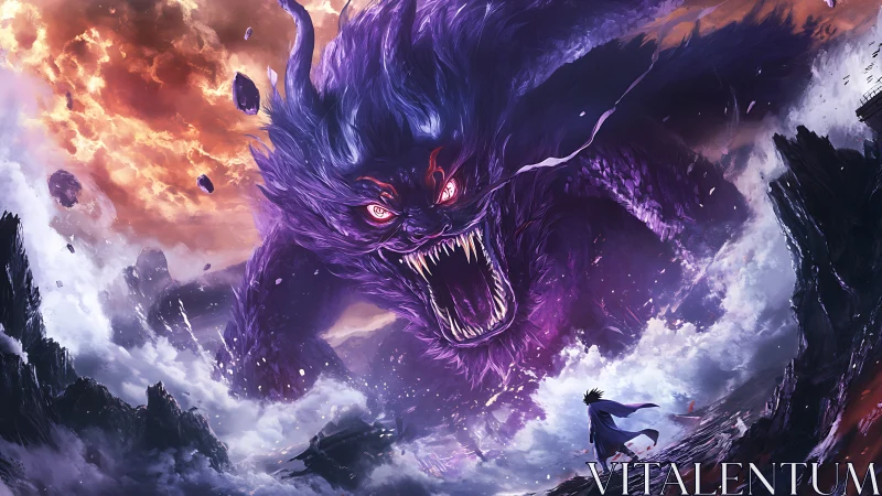 Titanic purple demon towers over lone warrior in storm.